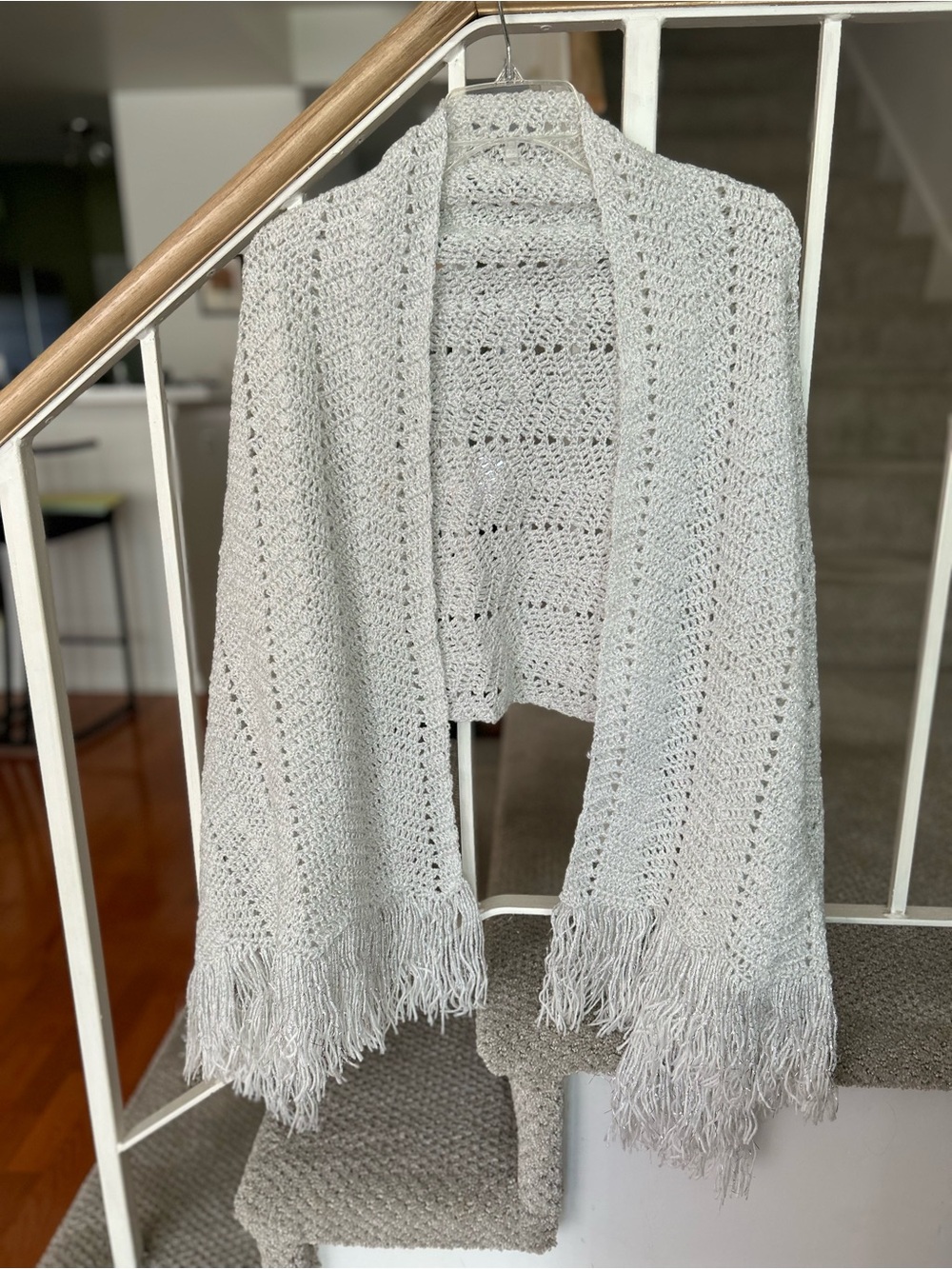Open-Knit Fringed Wrap in White With Silver Woven Throughout